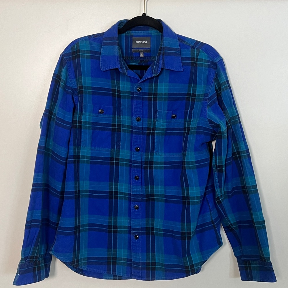 Bonobos Slim Fit Button Down Flannel Plaid Blue‎ Green Men Size XL